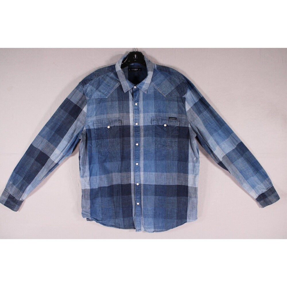 Lucky Brand Men's XL Blue Plaid Western Pearl Snap Long Sleeve Shirt Cotton